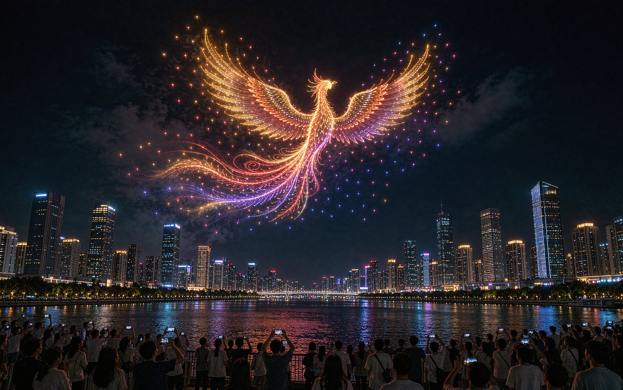 江畔凤凰编队灯光秀